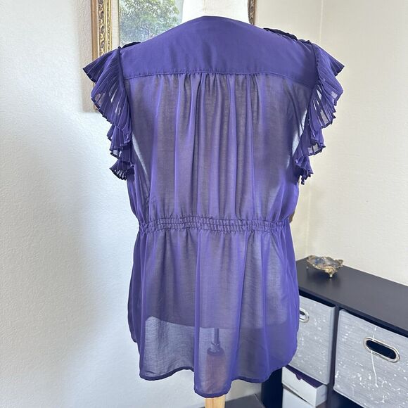 Faith 21 Ruffle Front Sheer Purple Button Top Blouse Sz XL Sleeveless Career - Picture 4 of 8